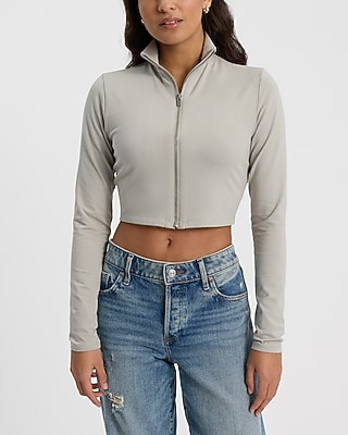 Body Contour Stretch Cotton Mock Neck Front Zip Cropped Long Sleeve Tee