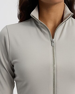 Body Contour Stretch Cotton Mock Neck Front Zip Cropped Long Sleeve Tee