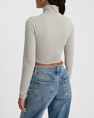 Body Contour Stretch Cotton Mock Neck Front Zip Cropped Long Sleeve Tee