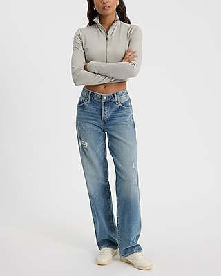 Body Contour Stretch Cotton Mock Neck Front Zip Cropped Long Sleeve Tee