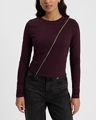 Body Contour Stretch Cotton Asymmetrical Zip Long Sleeve Tee