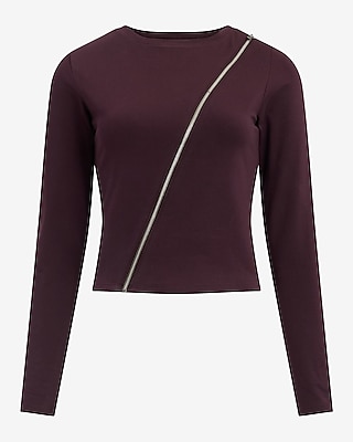 Body Contour Stretch Cotton Asymmetrical Zip Long Sleeve Tee