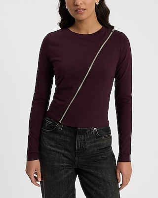 Body Contour Stretch Cotton Asymmetrical Zip Long Sleeve Tee