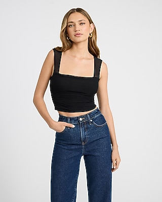 Mesh Square Neck Ruched Cropped Tank