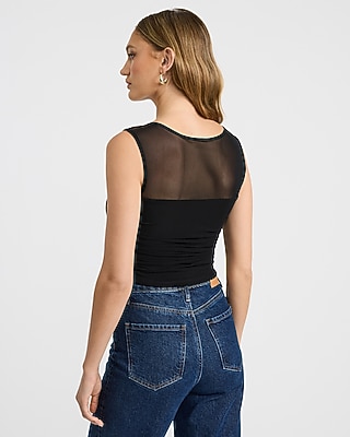 Mesh Square Neck Ruched Cropped Tank