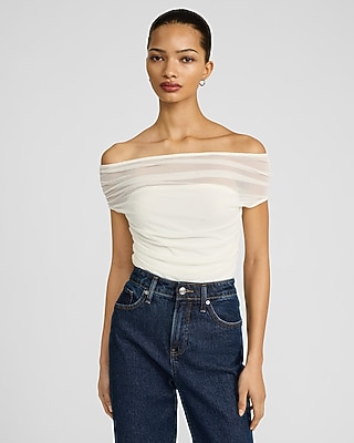Shine Fitted Ribbed Off The Shoulder Overlay Top | Express