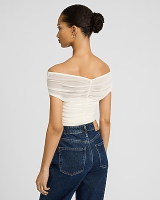 Mesh Off The Shoulder Ruched Bodysuit