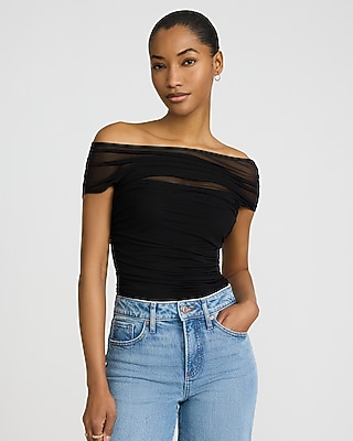 Mesh Off The Shoulder Ruched Bodysuit