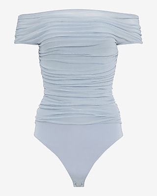 Mesh Off The Shoulder Ruched Bodysuit in Ivory - image 5