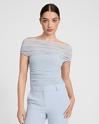 Mesh Off The Shoulder Ruched Bodysuit in Ivory - image 2