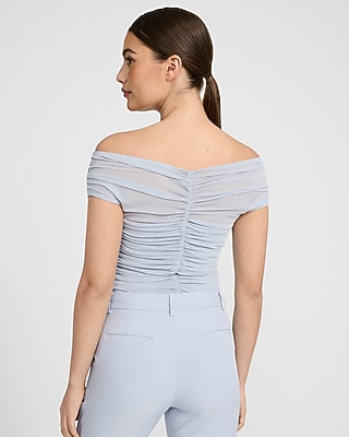 Mesh Off The Shoulder Ruched Bodysuit in Ivory - image 3