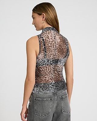 Leopard Print Mesh Mock Neck Ruched Tank - image 3