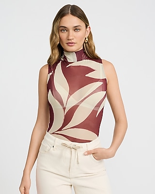 Mesh Printed Mock Neck Sleeveless Bodysuit