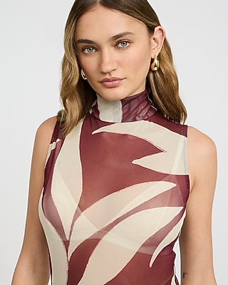 Mesh Printed Mock Neck Sleeveless Bodysuit
