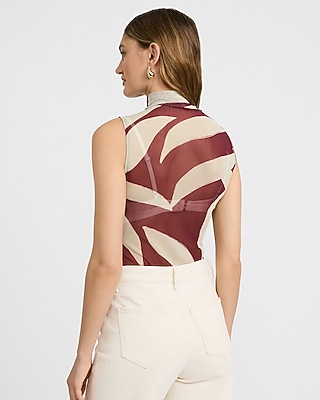 Mesh Printed Mock Neck Sleeveless Bodysuit