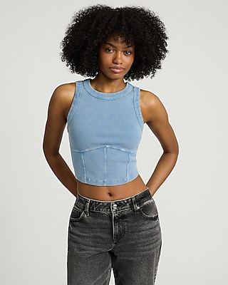 Fitted Ribbed High Neck Corset Cropped Tank
