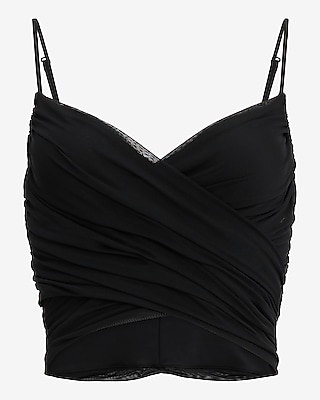 Mesh V-Neck Ruched Surplice Cropped Cami