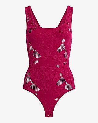 Body Contour Seamless Ribbed Mesh Floral Scoop Neck Bodysuit