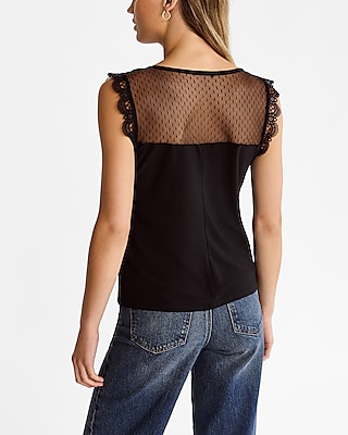 Lace Scalloped V-Neck Mesh Back Tank