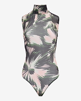 Floral Mesh Mock Neck Sleeveless Bodysuit