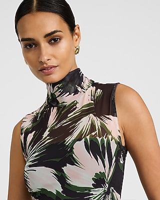 Floral Mesh Mock Neck Sleeveless Bodysuit