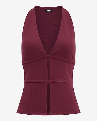 Studio Stretch Crepe Halter V-Neck Sleeveless Banded Cutout Tank