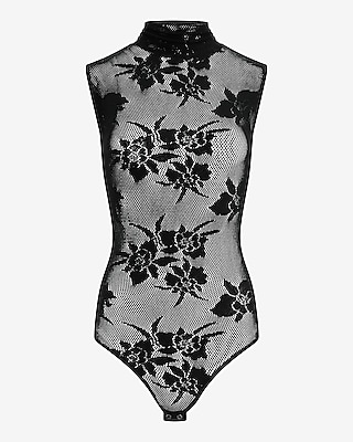 Floral Lace Fitted Mesh Mock Neck Bodysuit