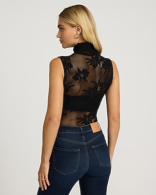 Floral Lace Fitted Mesh Mock Neck Bodysuit