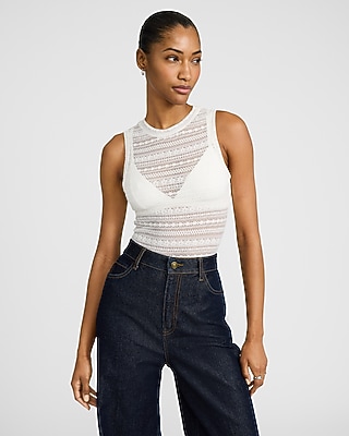 Fitted Mesh Pieced Crew Neck Sleeveless Bodysuit | Express