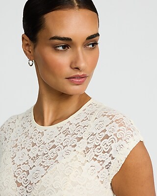 Sheer Lace Crew Neck Cap Sleeve Bodysuit in Ivory - image 2