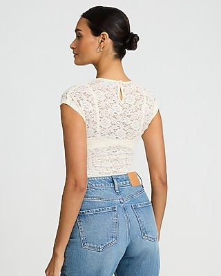 Sheer Lace Crew Neck Cap Sleeve Bodysuit in Ivory - image 3