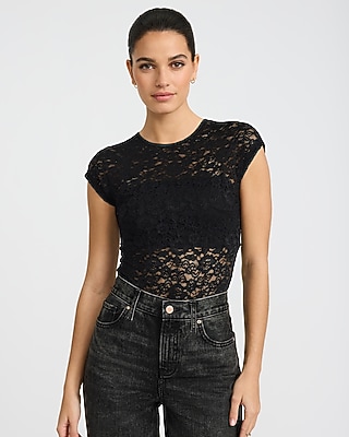 Sheer Lace Crew Neck Cap Sleeve Bodysuit - image 5