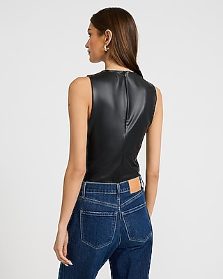 Body Contour Faux Leather Crew Neck Sleeveless Bodysuit - thumbnail 6
