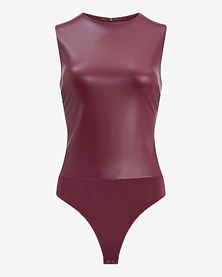 Body Contour Faux Leather Crew Neck Sleeveless Bodysuit