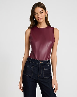 Body Contour Faux Leather Crew Neck Sleeveless Bodysuit