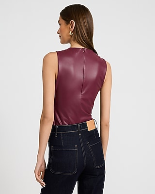 Body Contour Faux Leather Crew Neck Sleeveless Bodysuit