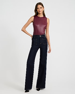 Body Contour Faux Leather Crew Neck Sleeveless Bodysuit