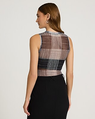 Plaid Mesh Crew Neck Sleeveless Bodysuit - image 2