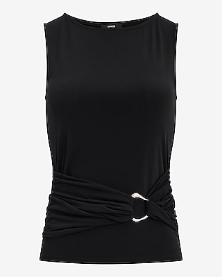 Crew Neck Hardware Belted Ruched Waist Tank