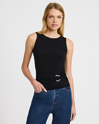 Crew Neck Hardware Belted Ruched Waist Tank