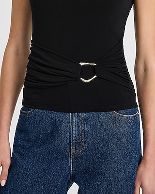 Crew Neck Hardware Belted Ruched Waist Tank
