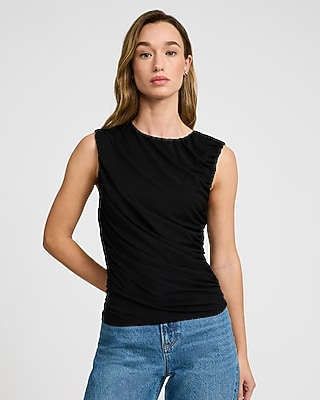 Ruched Crepe Crew Neck Tank