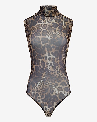 Mesh Leopard Print Sleeveless Mock Neck Bodysuit