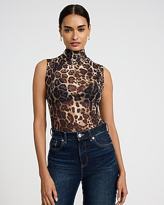 Mesh Leopard Print Sleeveless Mock Neck Bodysuit