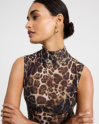 Mesh Leopard Print Sleeveless Mock Neck Bodysuit