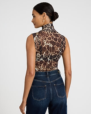 Mesh Leopard Print Sleeveless Mock Neck Bodysuit