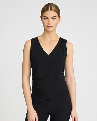 Studio Stretch Crepe V-neck Pleated Draped Tank | Express
