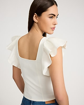 Studio Stretch Crepe Mixed Media Square Neck Flutter Sleeve Tank