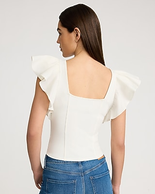 Studio Stretch Crepe Mixed Media Square Neck Flutter Sleeve Tank