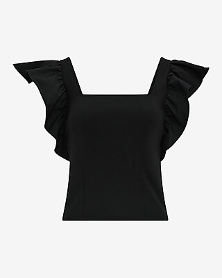 Studio Stretch Crepe Mixed Media Square Neck Flutter Sleeve Tank
